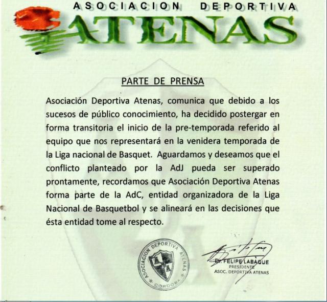 Atenas posterg� sin fecha su pretemporada