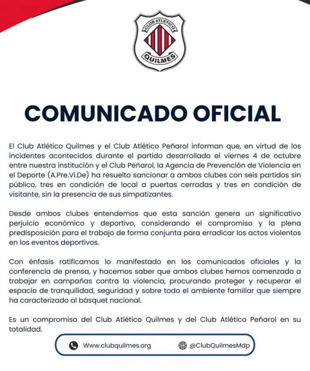 Pe�arol y Quilmes sancionados: Partidos sin p�blico