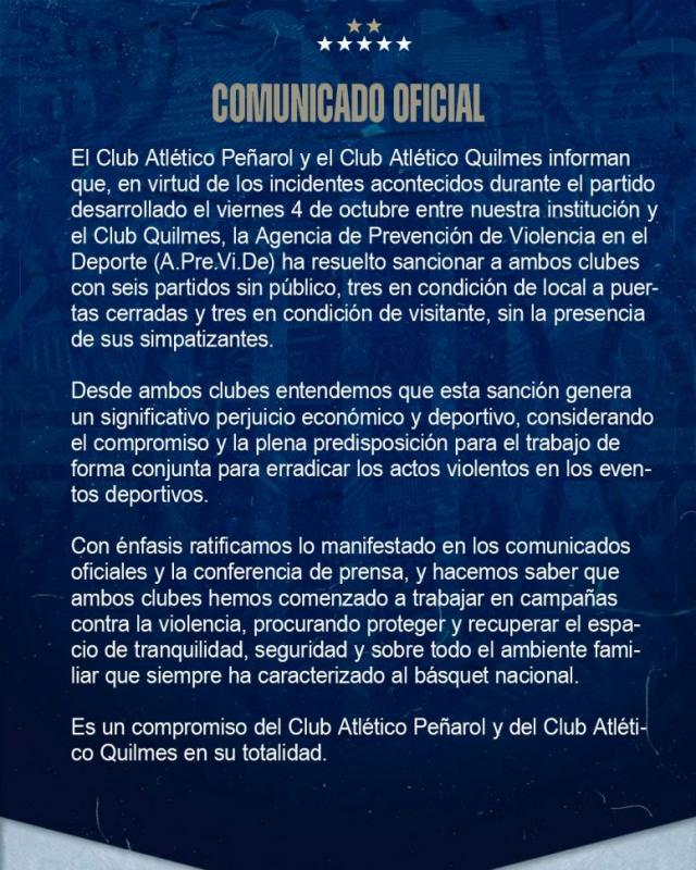 Pe�arol y Quilmes sancionados: Partidos sin p�blico