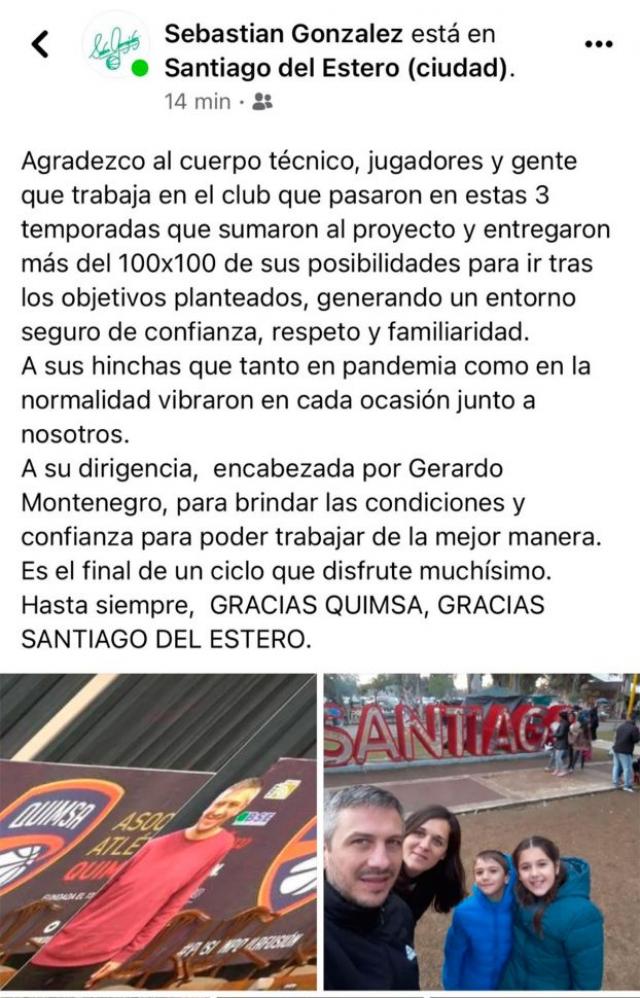 Gonz�lez se despidi� de Quimsa